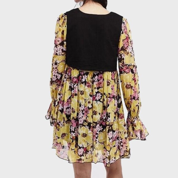Free People Small Mini Dress Yellow Pink Floral Retro Black Vest Long Sleeve NEW - Picture 2 of 12